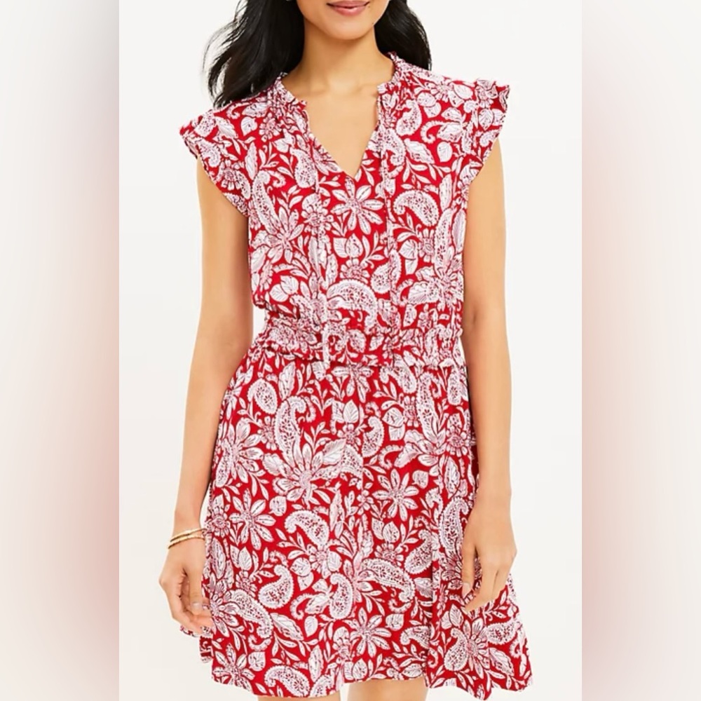 NWOT LOFT Paisley Ruffle Tie Neck Dress XL